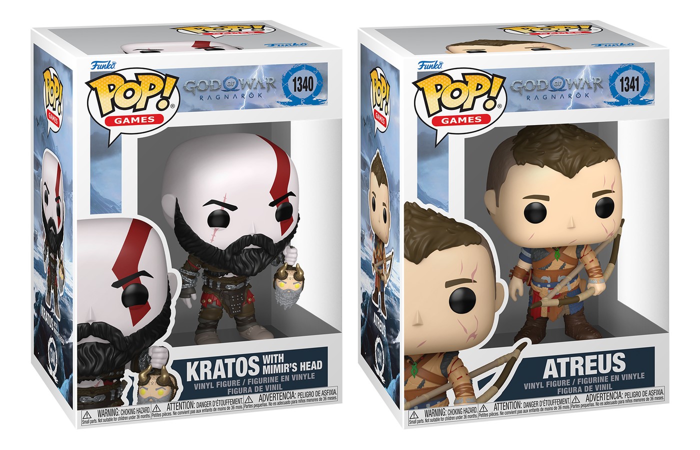 Cajas Funko Pop God of War Ragnarök Kratos con la cabeza de Mímir 1340 y Atreus 1341 sobre fondo blanco
