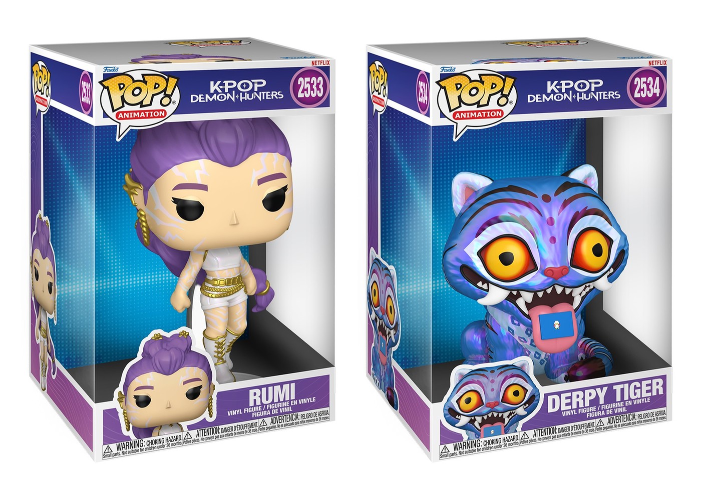 Cajas Funko Pop Jumbo KPop Demon Hunters Rumi #2533 y Derpy Tiger #2534 sobre fondo blanco Cajas Funko Pop Jumbo KPop Demon Hunters Rumi #2533 y Derpy Tiger #2534 sobre fondo blanco