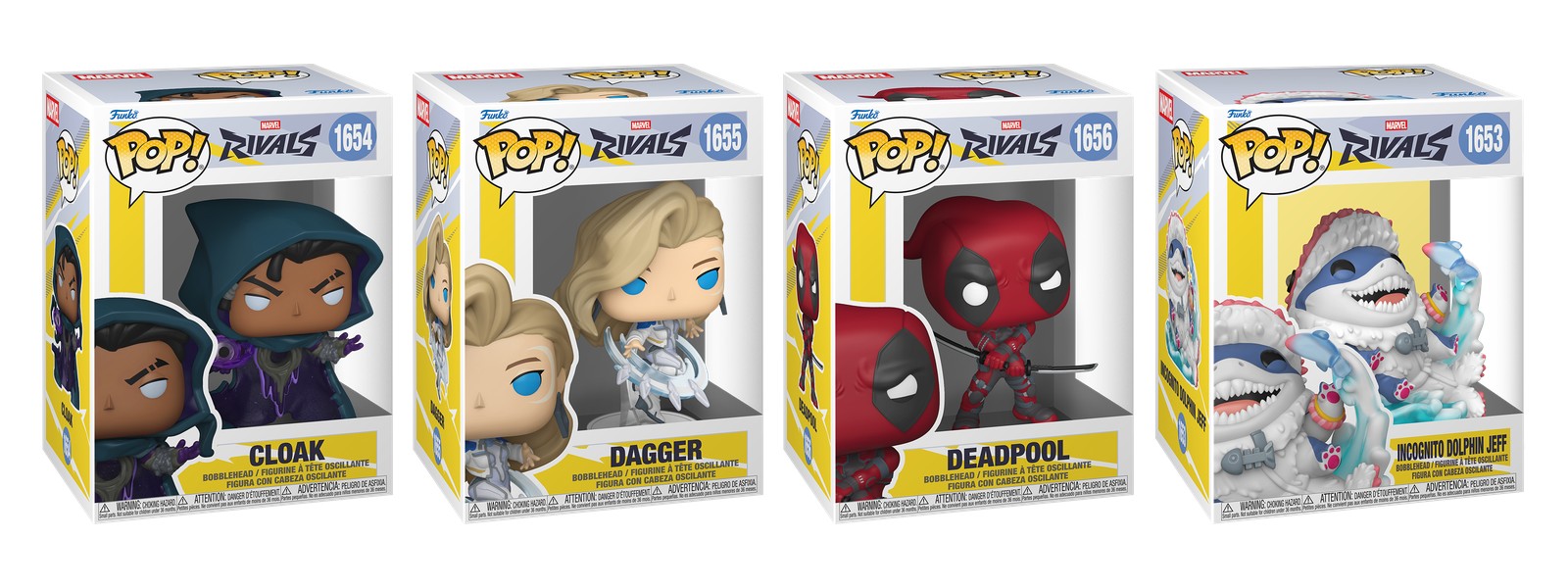 Cajas Funko Pop Marvel Rivals Cloak 1654, Dagger 1655, Deadpool 1656 e Incognito Dolphin Jeff 1653, fondo blanco