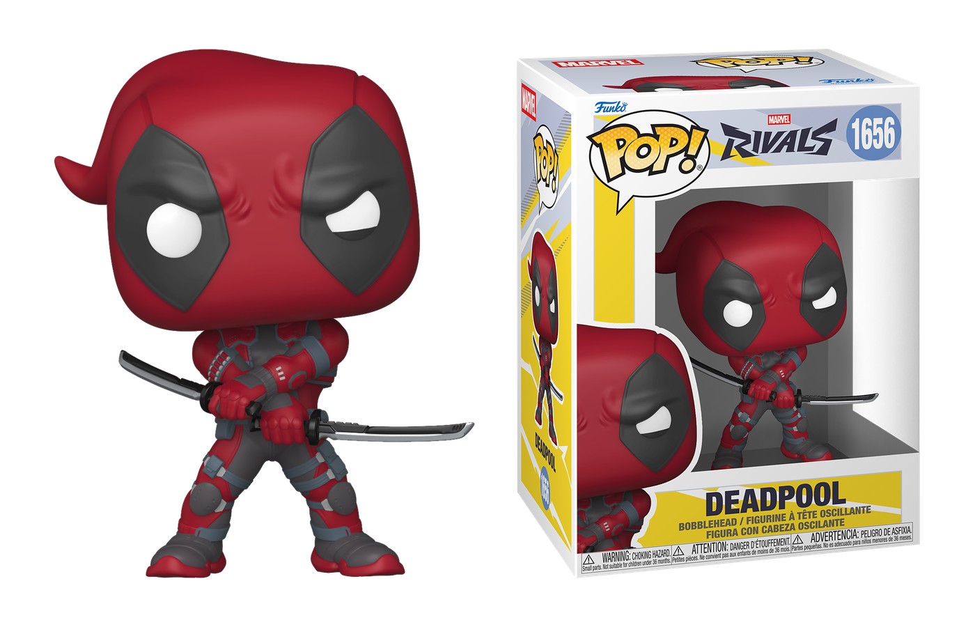 Funko Pop Deadpool 1656 de Marvel Rivals con dos katanas, figura y caja, fondo blanco