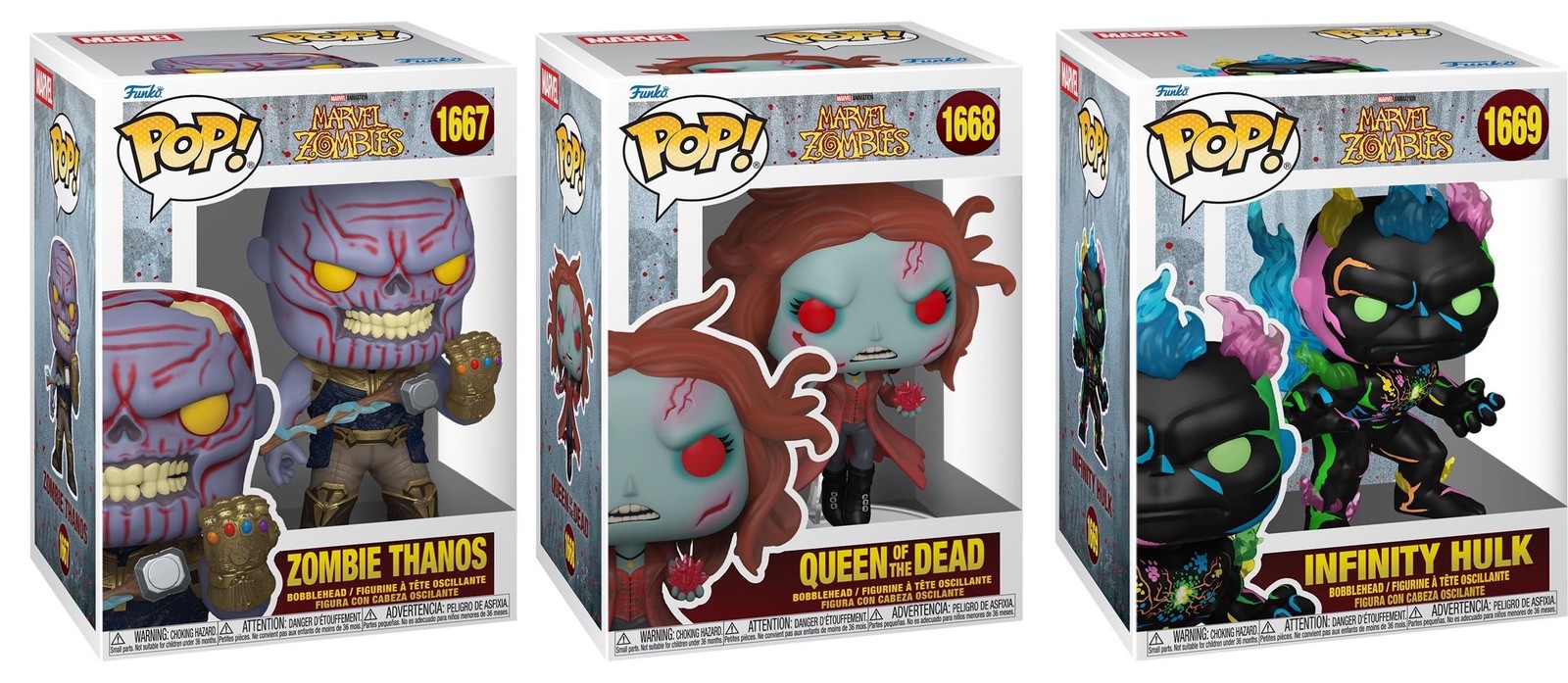 Cajas Funko Pop Marvel Zombies Zombie Thanos 1667, Queen of the Dead 1668 e Infinity Hulk 1669 sobre fondo blanco