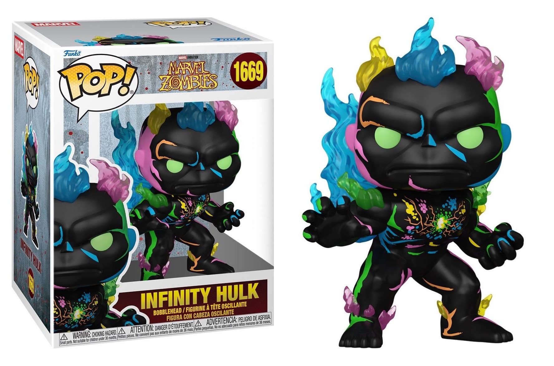 Funko Pop Infinity Hulk 1669 de Marvel Zombies dentro y fuera de la caja, negro con llamas de colores