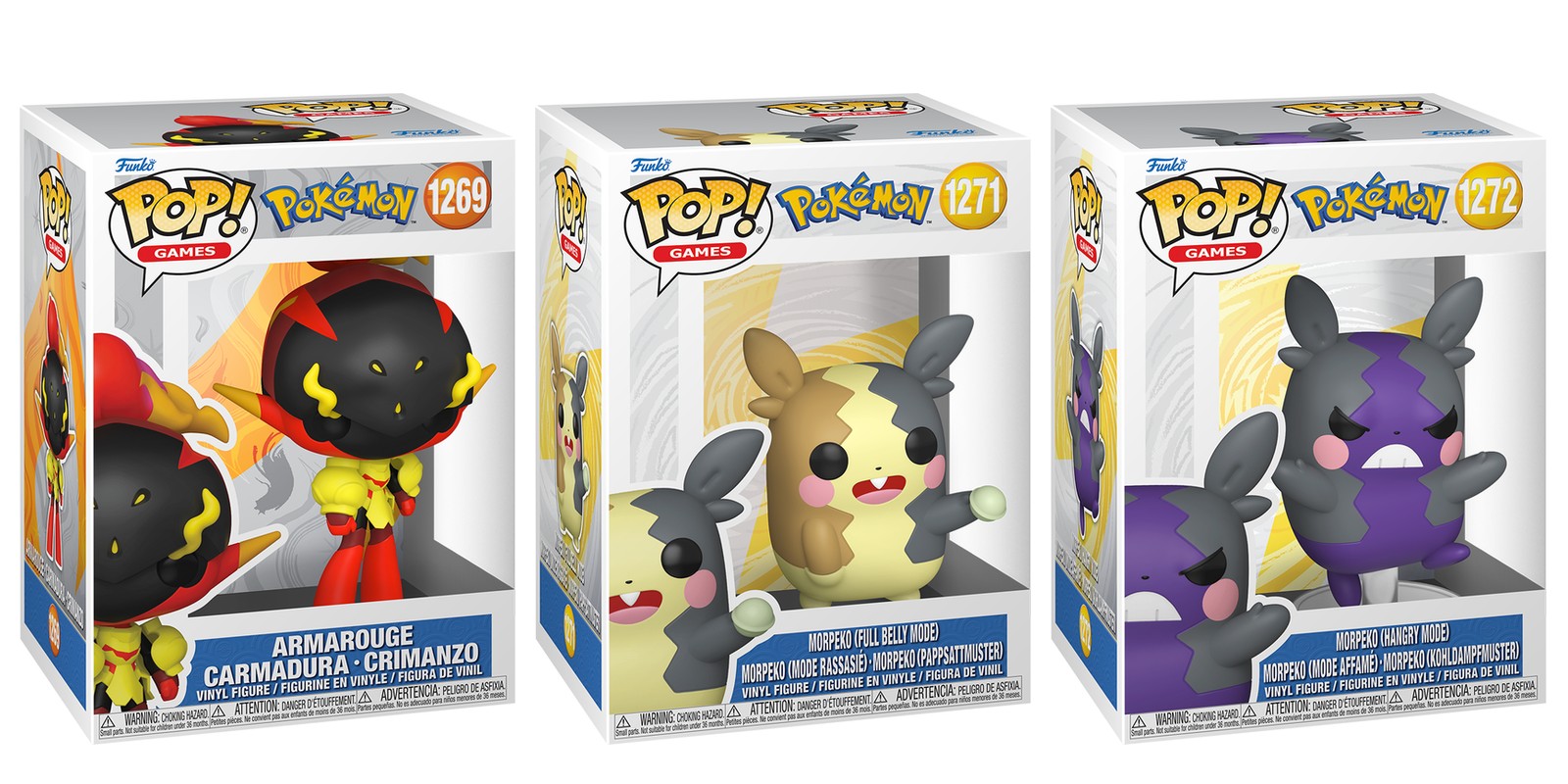 Cajas Funko Pop Pokémon Armarouge 1269, Morpeko Full Belly Mode 1271 y Morpeko Hangry Mode 1272, fondo blanco Cajas Funko Pop Pokémon Armarouge 1269, Morpeko Full Belly Mode 1271 y Morpeko Hangry Mode 1272, fondo blanco
