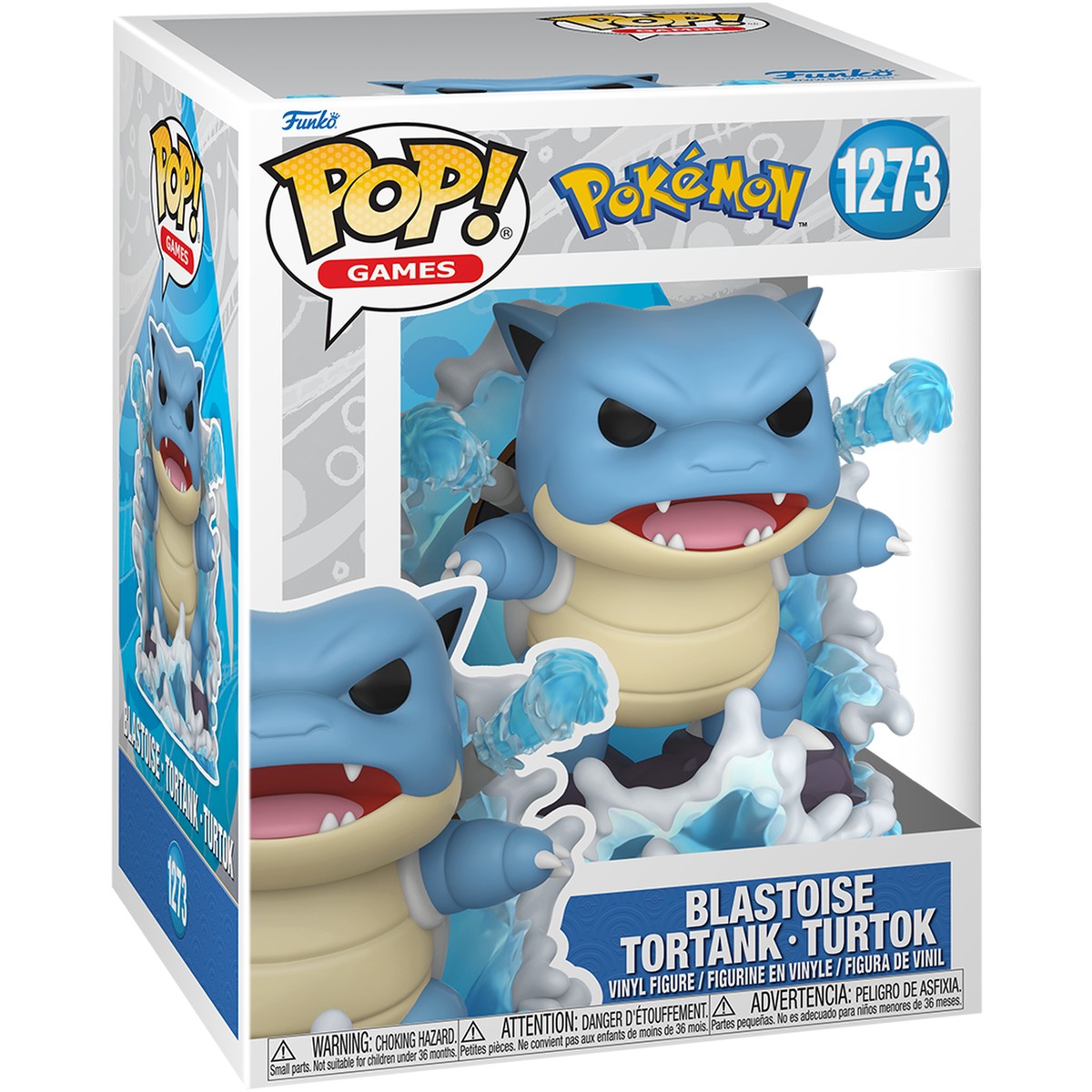 Caja del Funko Pop Premium Blastoise 1273 de Pokémon con nombres Blastoise, Tortank y Turtok, fondo blanco Caja del Funko Pop Premium Blastoise 1273 de Pokémon con nombres Blastoise, Tortank y Turtok, fondo blanco