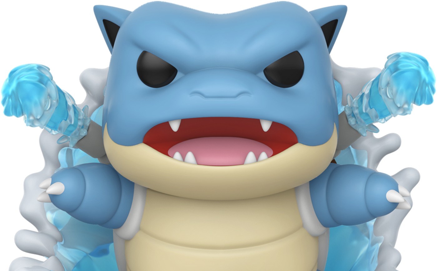 Detalle del Funko Pop Blastoise Premium 1273 de Pokémon: cara con la boca abierta, cañones con chorros de agua translúcidos, fondo blanco Detalle del Funko Pop Blastoise Premium 1273 de Pokémon: cara con la boca abierta, cañones con chorros de agua translúcidos, fondo blanco