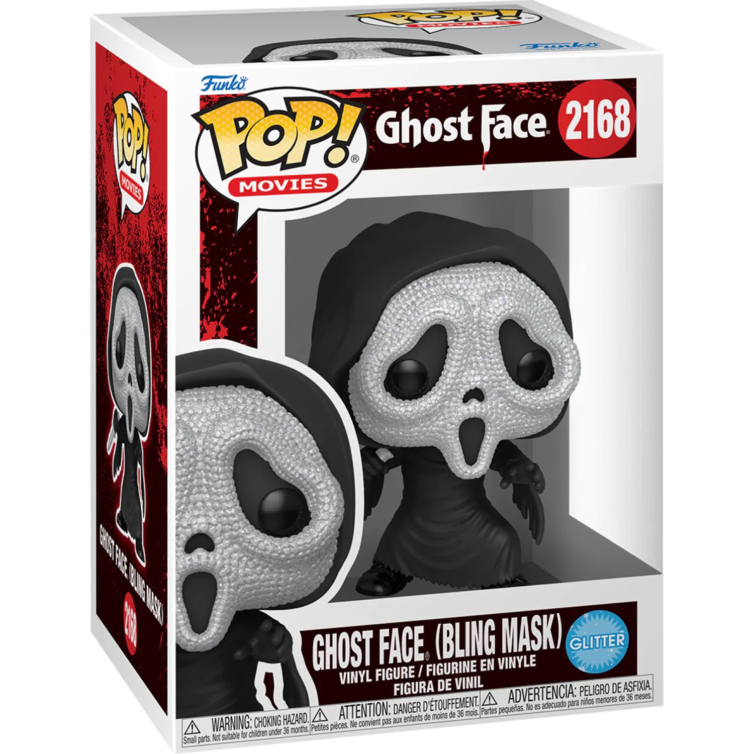 Caja Funko Pop Ghost Face Bling Mask Glitter #2168 Pop Movies con sticker GLITTER sobre fondo blanco