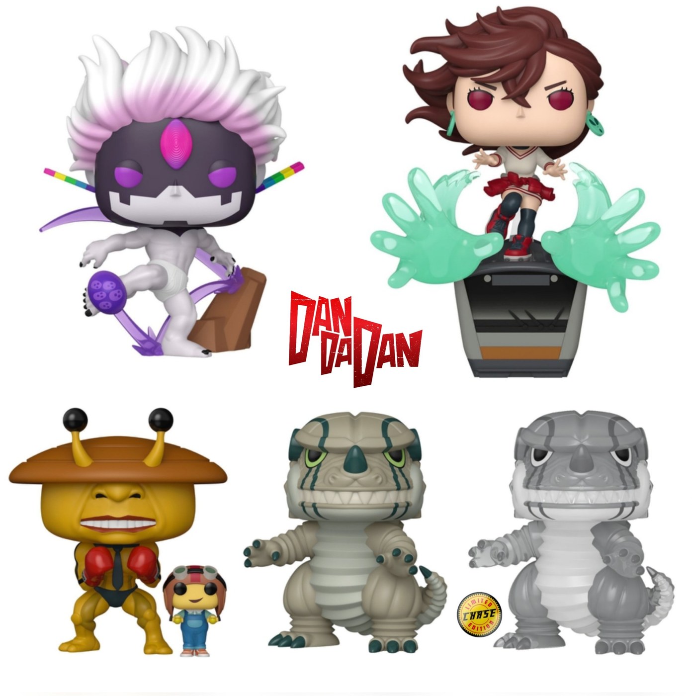 Tercera ola de Funko Pop Dandadan: Evil Eye, Momo Deluxe, Dover Demon con Chiquitita, Kaiju y Kaiju chase gris, fondo blanco