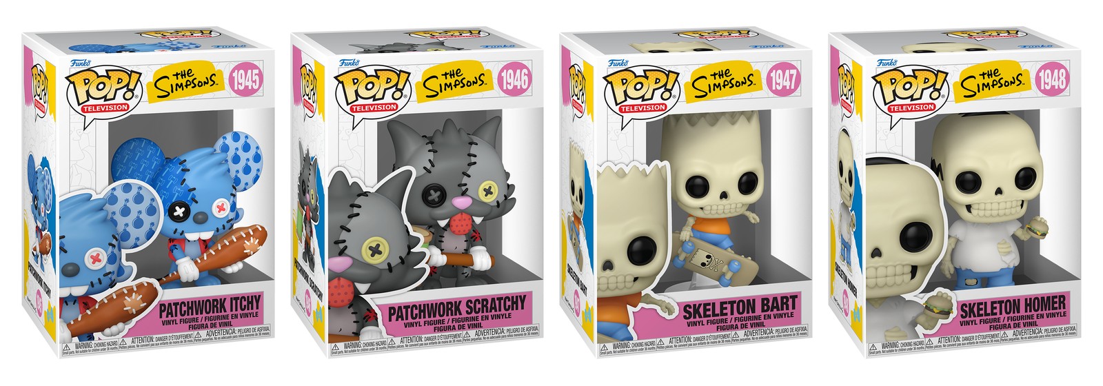 Cajas Funko Pop Los Simpson Casita del Horror: Patchwork Itchy 1945, Patchwork Scratchy 1946, Skeleton Bart 1947 y Skeleton Homer 1948 Cajas Funko Pop Los Simpson Casita del Horror: Patchwork Itchy 1945, Patchwork Scratchy 1946, Skeleton Bart 1947 y Skeleton Homer 1948