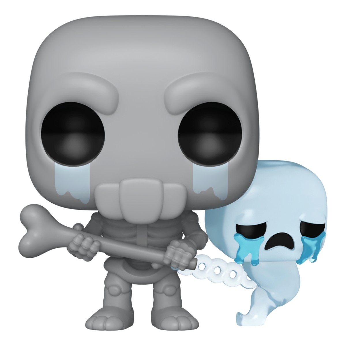 Funko Pop The Forgotten 1338 fuera de la caja: esqueleto gris con garrote de hueso y The Soul, fantasma celeste encadenado, fondo blanco Funko Pop The Forgotten 1338 fuera de la caja: esqueleto gris con garrote de hueso y The Soul, fantasma celeste encadenado, fondo blanco