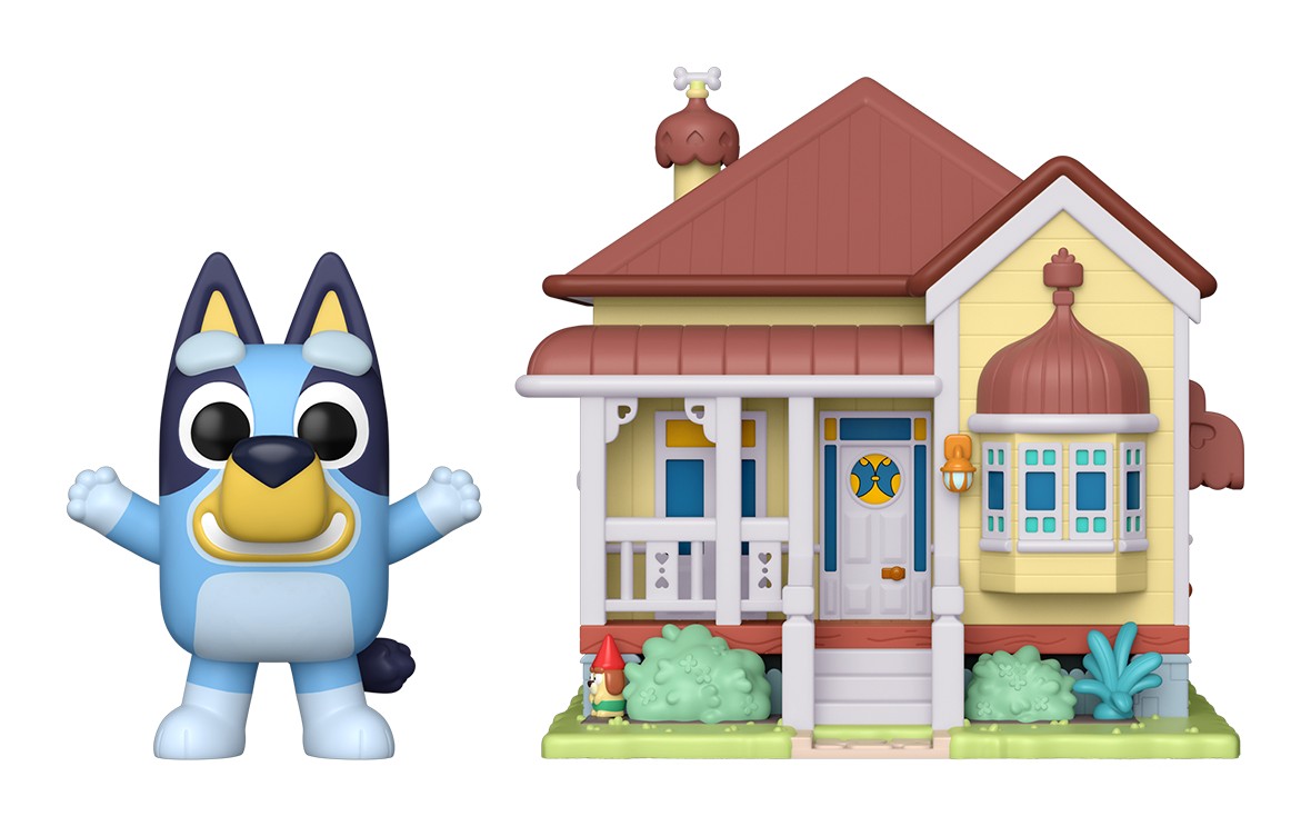 Funko Pop Town Bluey 53 fuera de la caja: Bluey con los brazos abiertos junto a la casa Heeler amarilla de techo rojo, fondo blanco