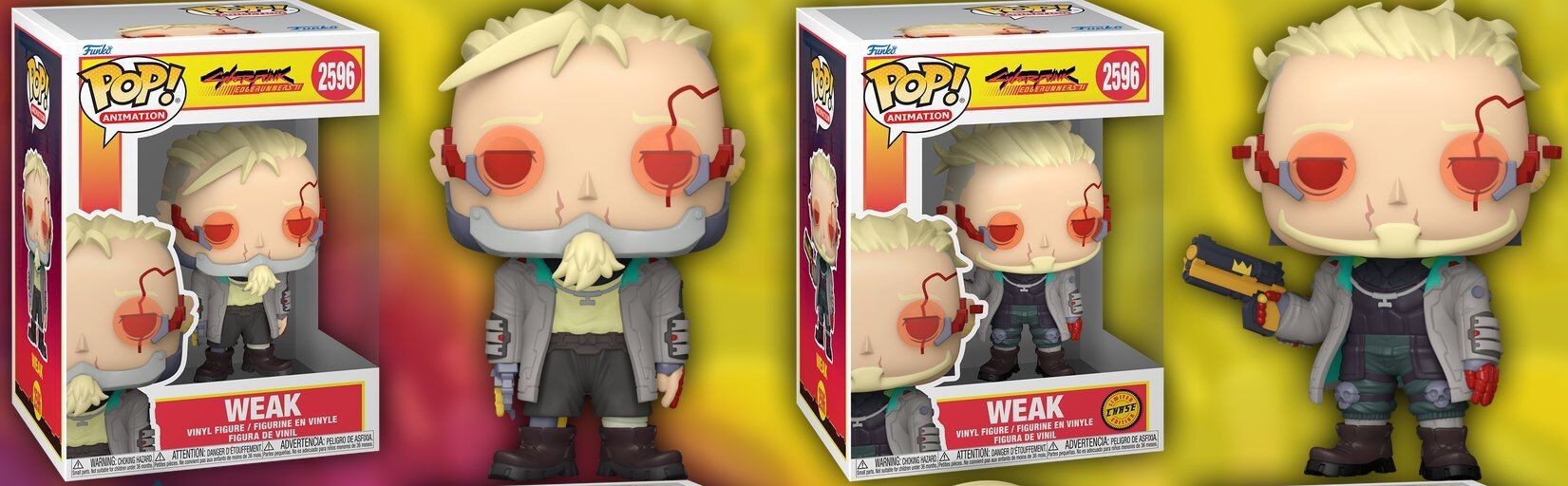 Cajas del Funko Pop Weak 2596 común y Chase Limited Edition de Cyberpunk Edgerunners junto a sus figuras